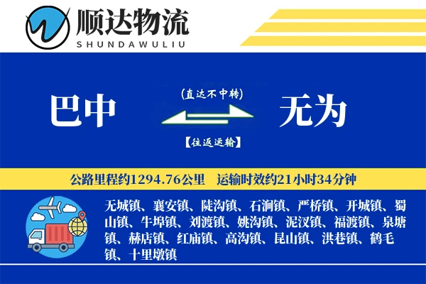 巴中到无为物流公司-搬家物流专线「极速送达」